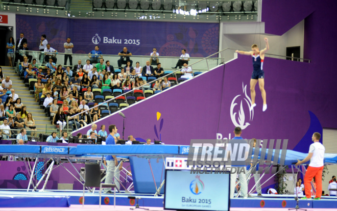 Bakı-2015 Avropa Oyunları çərçivəsində batut gimnastikası üzrə kişilər və qadınlar arasında təsnifat yarışları. Azərbaycan, 17 iyun 2015 